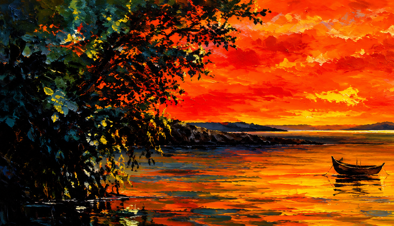 fiery sunset over reflective waters